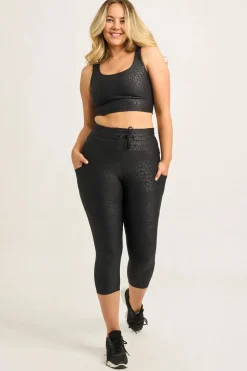 Black Exotic Touch Jag - Panel Pocket Drawstring Capri Leggings