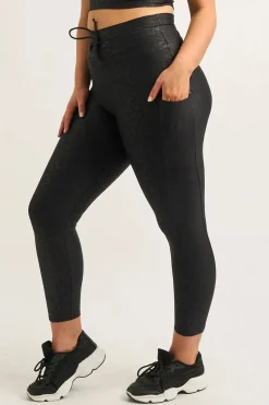 Black Exotic Touch Jag - Panel Pocket Drawstring High Waisted 7/8 Leggings