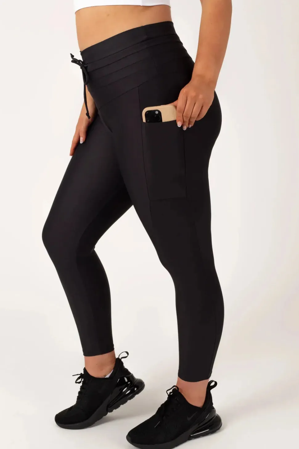 Black Performance - Panel Pocket Drawstring High Waisted 7/8 Leggings