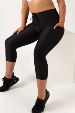 Black Performance - Panel Pocket Drawstring Capri Leggings