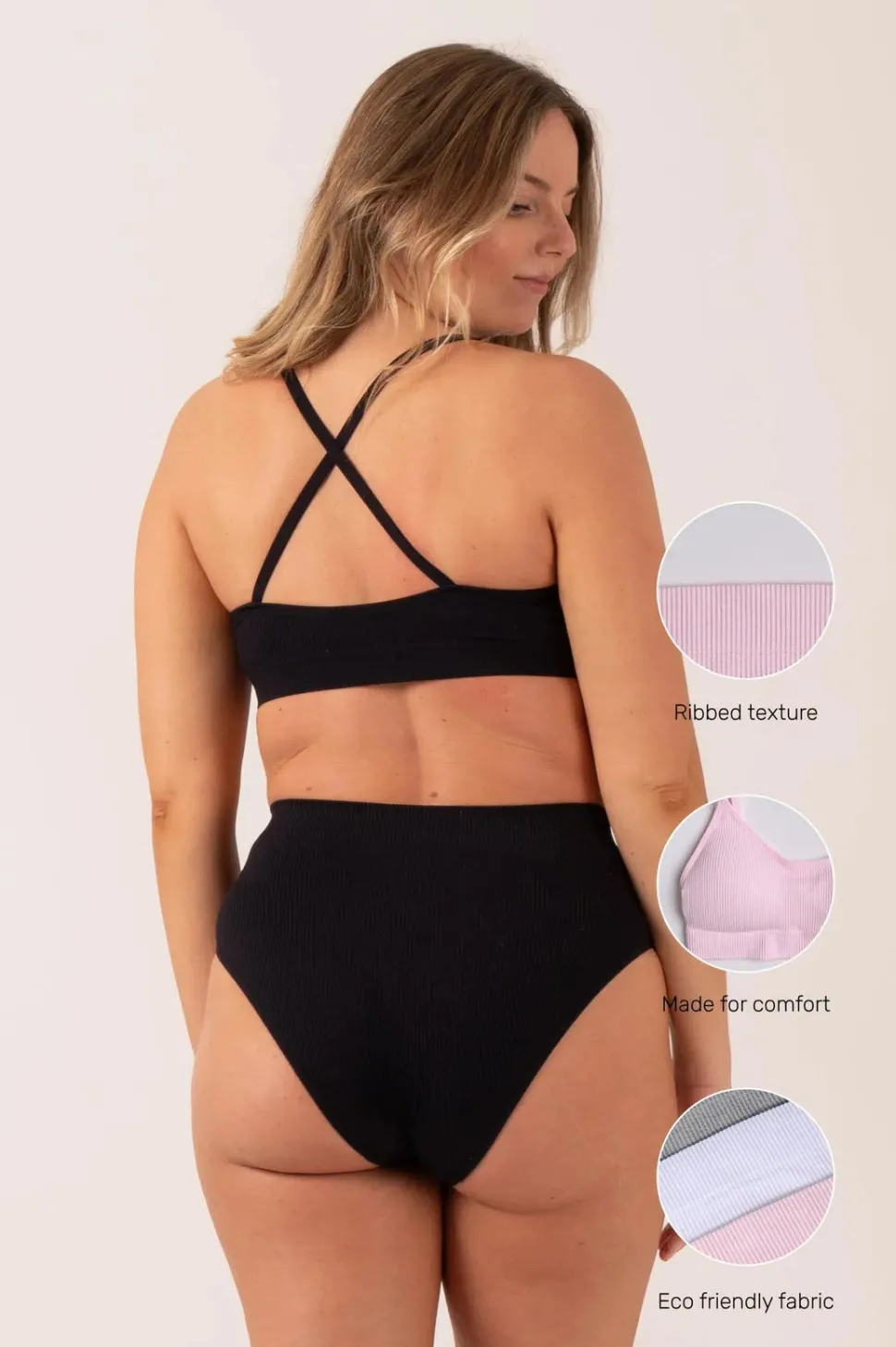 Black Rib Seam Free - Strappy Cross Over Bralette