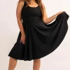 Black Silky - Scoop Neck Comfort Crop Midi Dress W/ Pockets