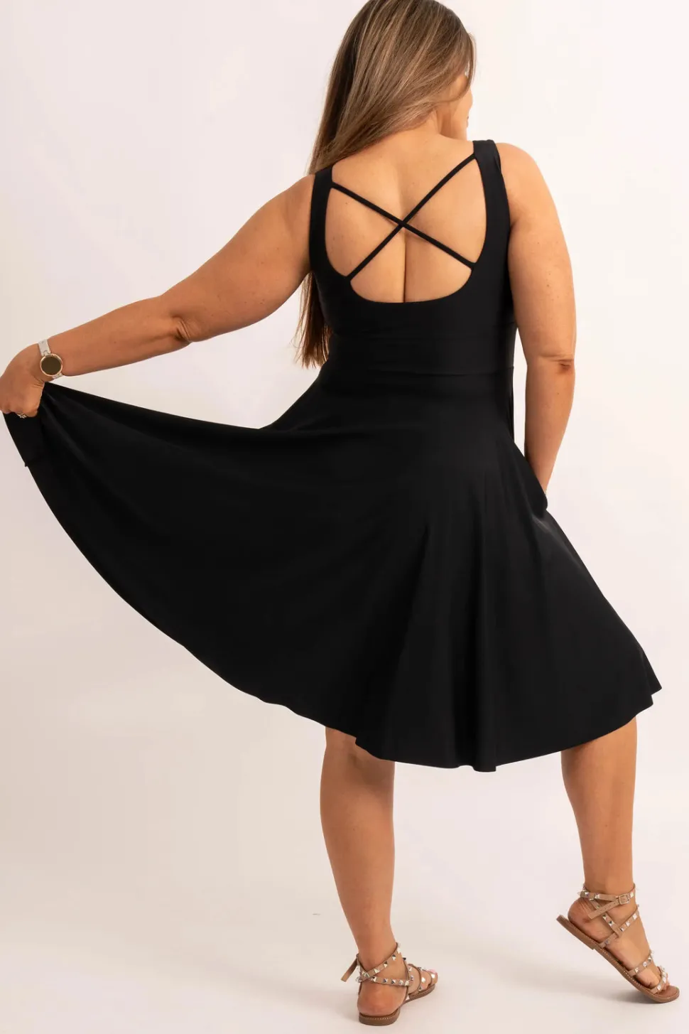 Black Silky - Scoop Neck Comfort Crop Midi Dress W/ Pockets
