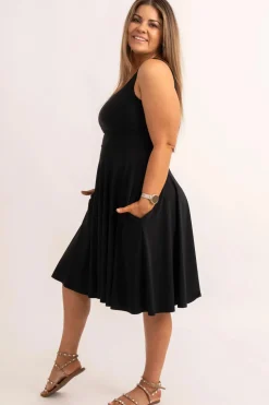 Black Silky - Scoop Neck Comfort Crop Midi Dress W/ Pockets