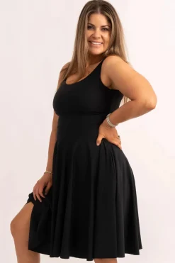 Black Silky - Scoop Neck Comfort Crop Midi Dress W/ Pockets