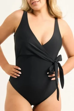 Black Silky - Wrap One Piece W/ Extra Coverage Bottoms