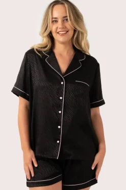 Black Zebra Jaquard Satin - Short Sleeve Button Up Shirt & Shorts Pyjama Set