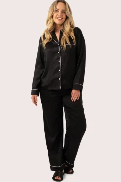 Black Zebra Jaquard Satin - Long Sleeve Button Up Shirt & Pants Pyjama Set