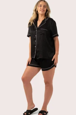 Black Zebra Jaquard Satin - Short Sleeve Button Up Shirt & Shorts Pyjama Set