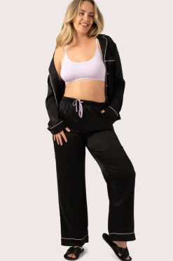 Black Zebra Jaquard Satin - Long Sleeve Button Up Shirt & Pants Pyjama Set