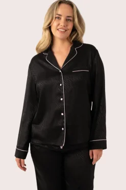 Black Zebra Jaquard Satin - Long Sleeve Button Up Shirt & Pants Pyjama Set