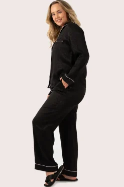 Black Zebra Jaquard Satin - Long Sleeve Button Up Shirt & Pants Pyjama Set