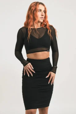 Body Contouring Mesh Ruched Midi Skirt - Black