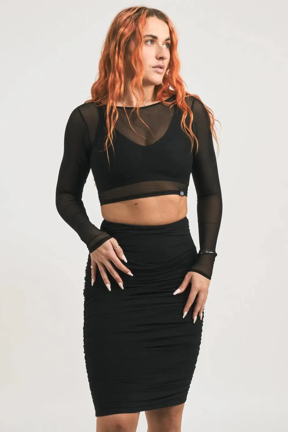 Body Contouring Mesh Ruched Midi Skirt - Black