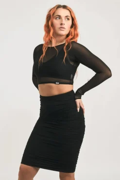 Body Contouring Mesh Ruched Midi Skirt - Black