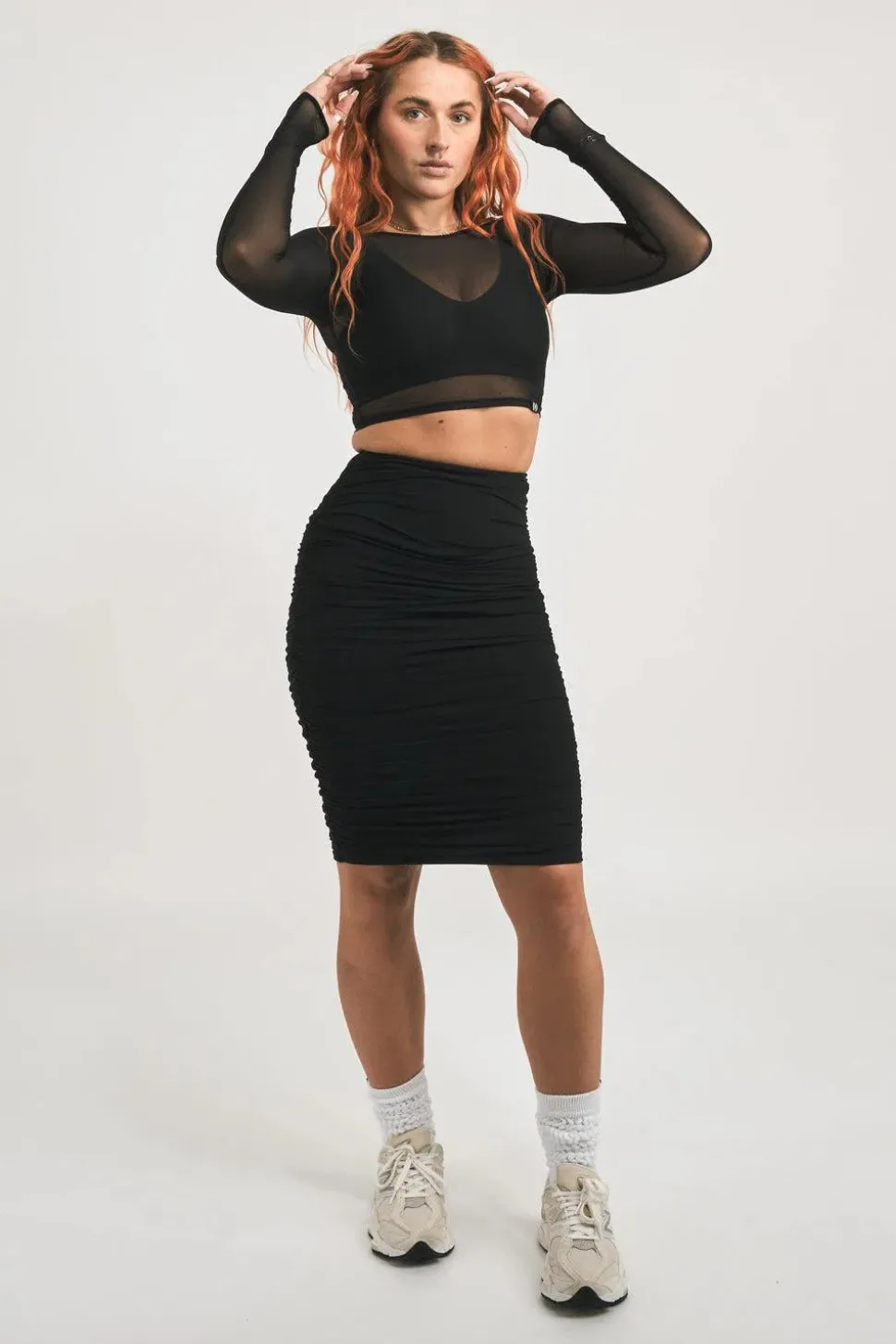 Body Contouring Mesh Ruched Midi Skirt - Black