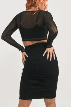 Body Contouring Mesh Ruched Midi Skirt - Black