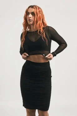 Body Contouring Mesh Ruched Midi Skirt - Black