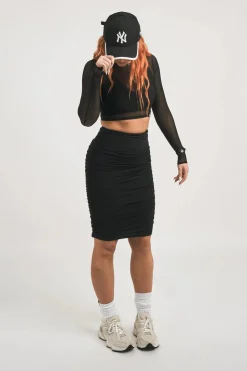 Body Contouring Mesh Ruched Midi Skirt - Black
