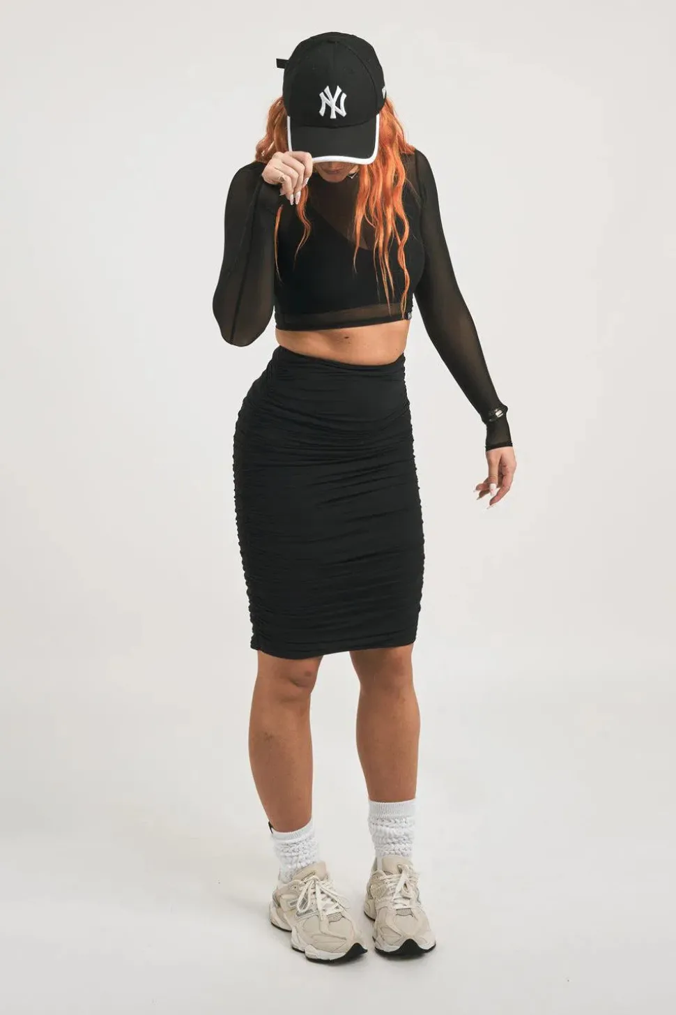 Body Contouring Mesh Ruched Midi Skirt - Black