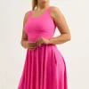 Candy Pink Silky - Scoop Neck Comfort Crop Midi Dress W/ Pockets