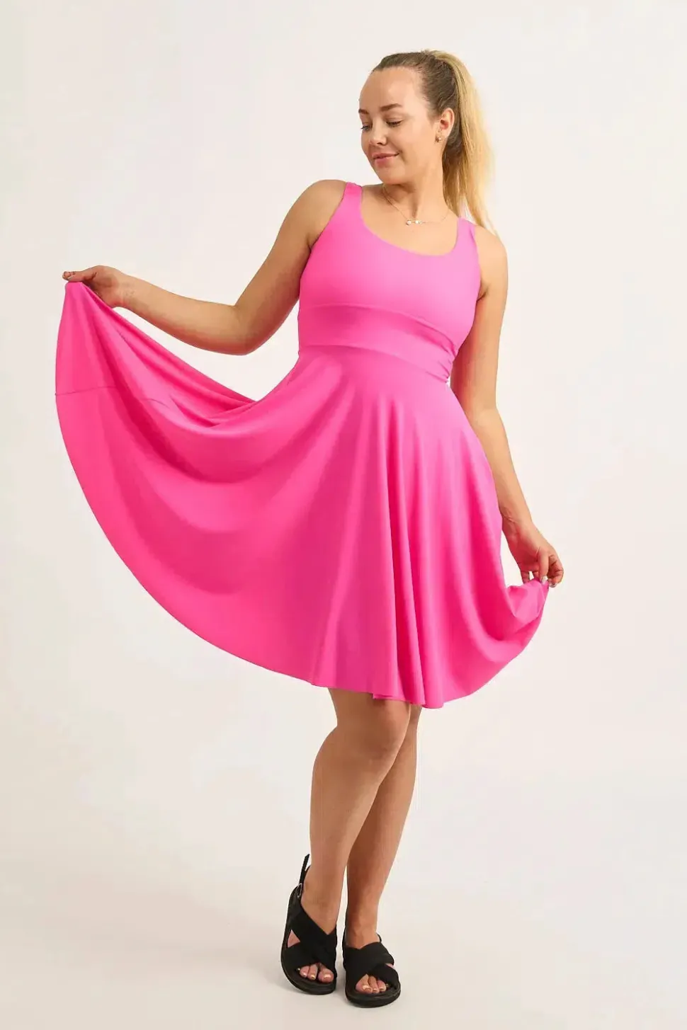 Candy Pink Silky - Scoop Neck Comfort Crop Midi Dress W/ Pockets