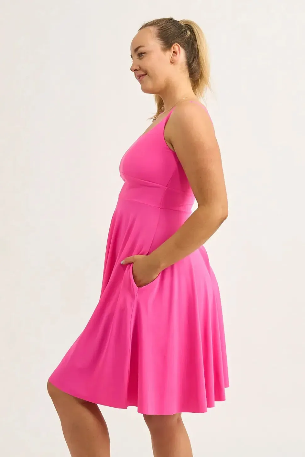 Candy Pink Silky - Scoop Neck Comfort Crop Midi Dress W/ Pockets