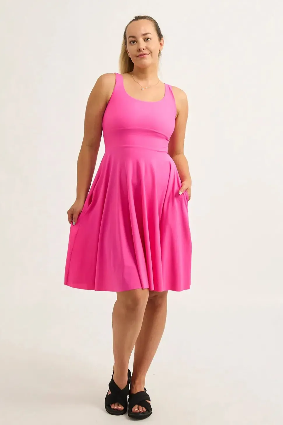 Candy Pink Silky - Scoop Neck Comfort Crop Midi Dress W/ Pockets