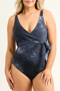 Dark And Moody Tie Dye Silky - Wrap One Piece W/ Extra Coverage Bottoms