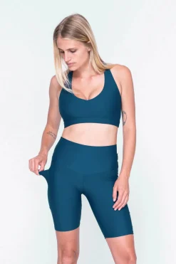 Dark Teal Performance - Panel Pocket High Waisted Long Shorts