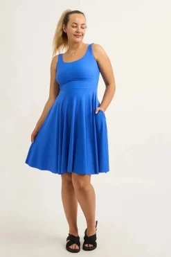 Electric Blue Silky - Scoop Neck Comfort Crop Midi Dress W/ Pockets