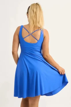Electric Blue Silky - Scoop Neck Comfort Crop Midi Dress W/ Pockets
