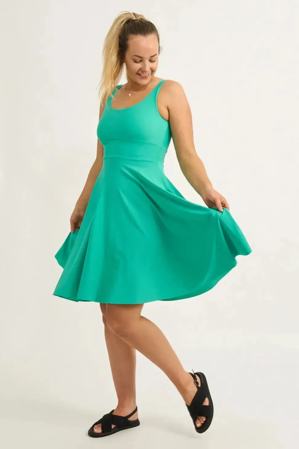 Jade Silky - Scoop Neck Comfort Crop Midi Dress W/ Pockets