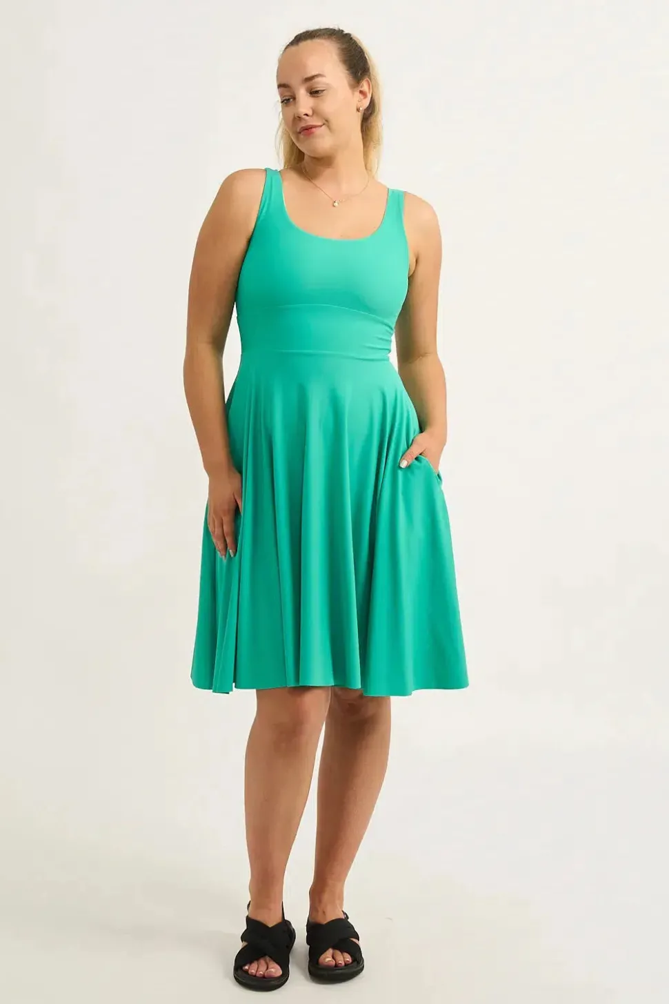 Jade Silky - Scoop Neck Comfort Crop Midi Dress W/ Pockets