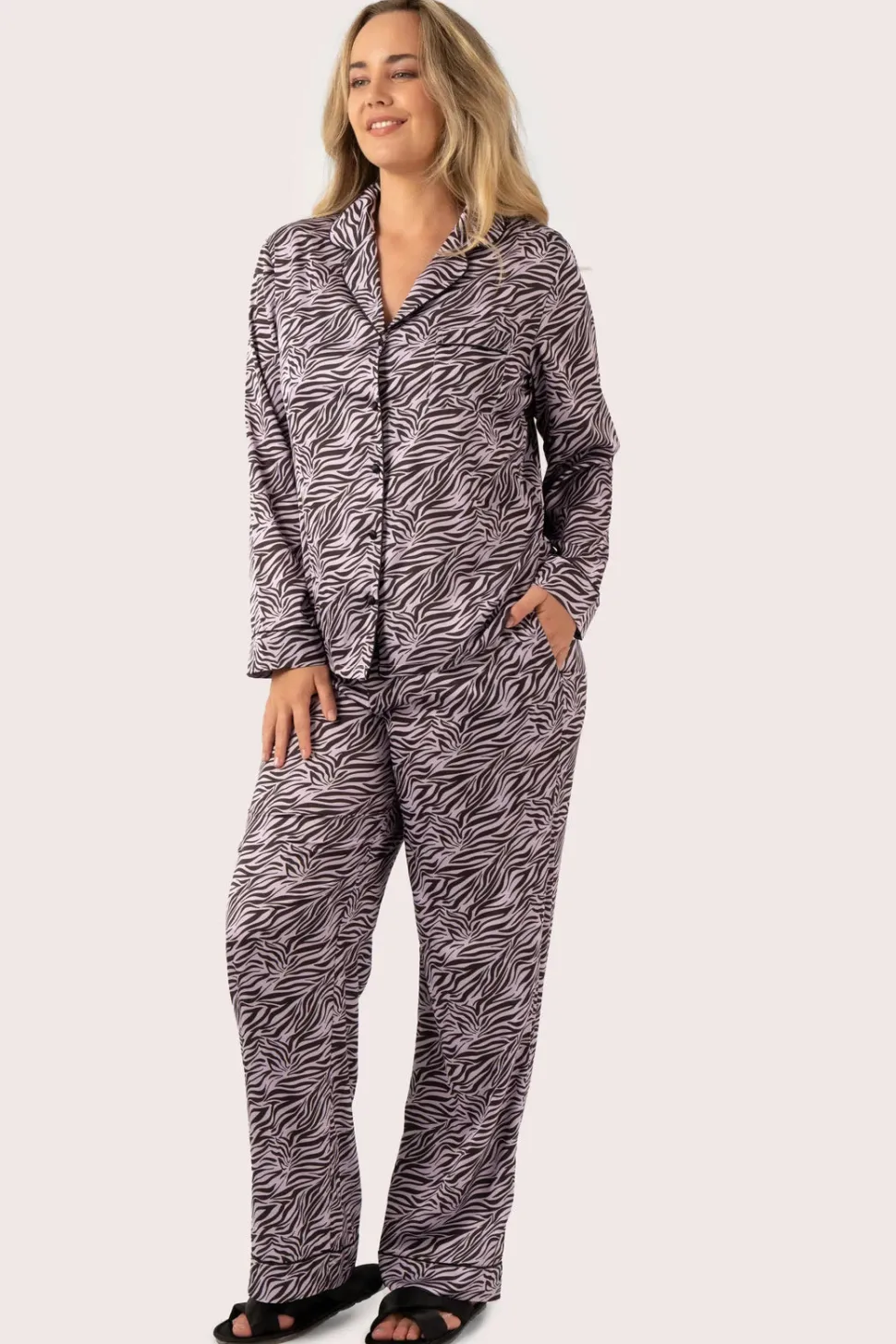 Lilac Wild Zebra Satin - Long Sleeve Button Up Shirt & Pants Pyjama Set