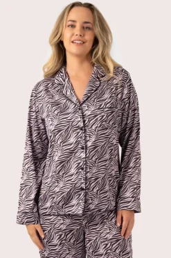 Lilac Wild Zebra Satin - Long Sleeve Button Up Shirt & Pants Pyjama Set