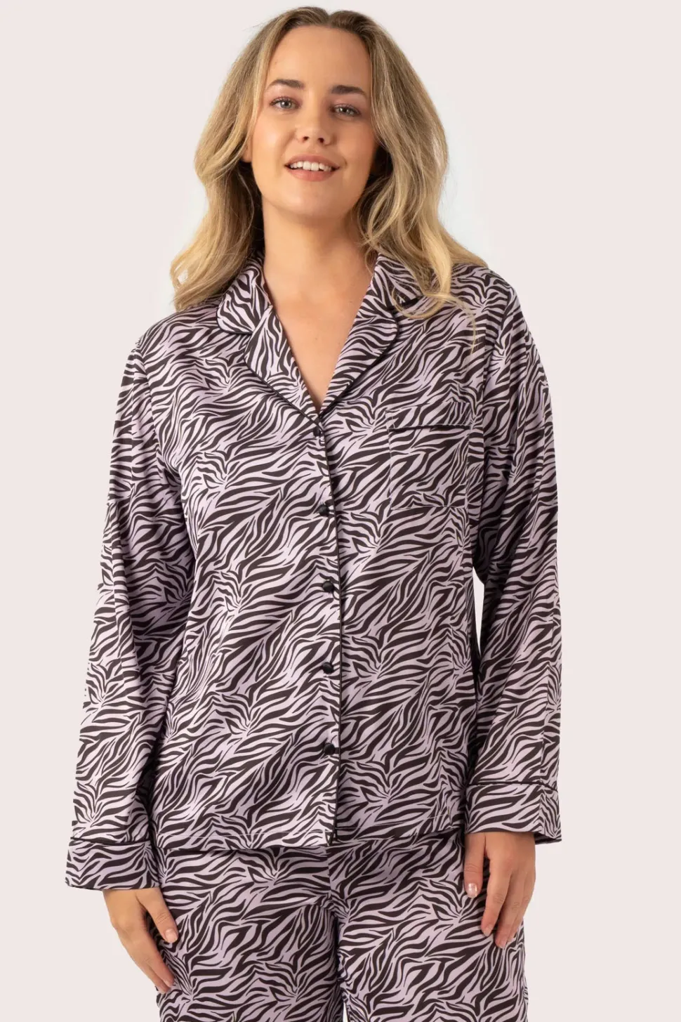Lilac Wild Zebra Satin - Long Sleeve Button Up Shirt & Pants Pyjama Set