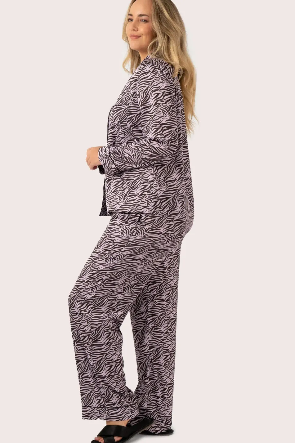 Lilac Wild Zebra Satin - Long Sleeve Button Up Shirt & Pants Pyjama Set