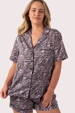 Lilac Wild Zebra Satin - Short Sleeve Button Up Shirt & Shorts Pyjama Set