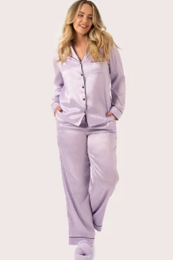 Lilac Zebra Jaquard Satin - Long Sleeve Button Up Shirt & Pants Pyjama Set