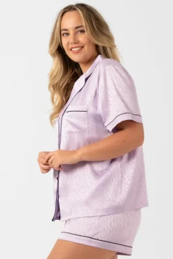 Lilac Zebra Jaquard Satin - Short Sleeve Button Up Shirt & Shorts Pyjama Set