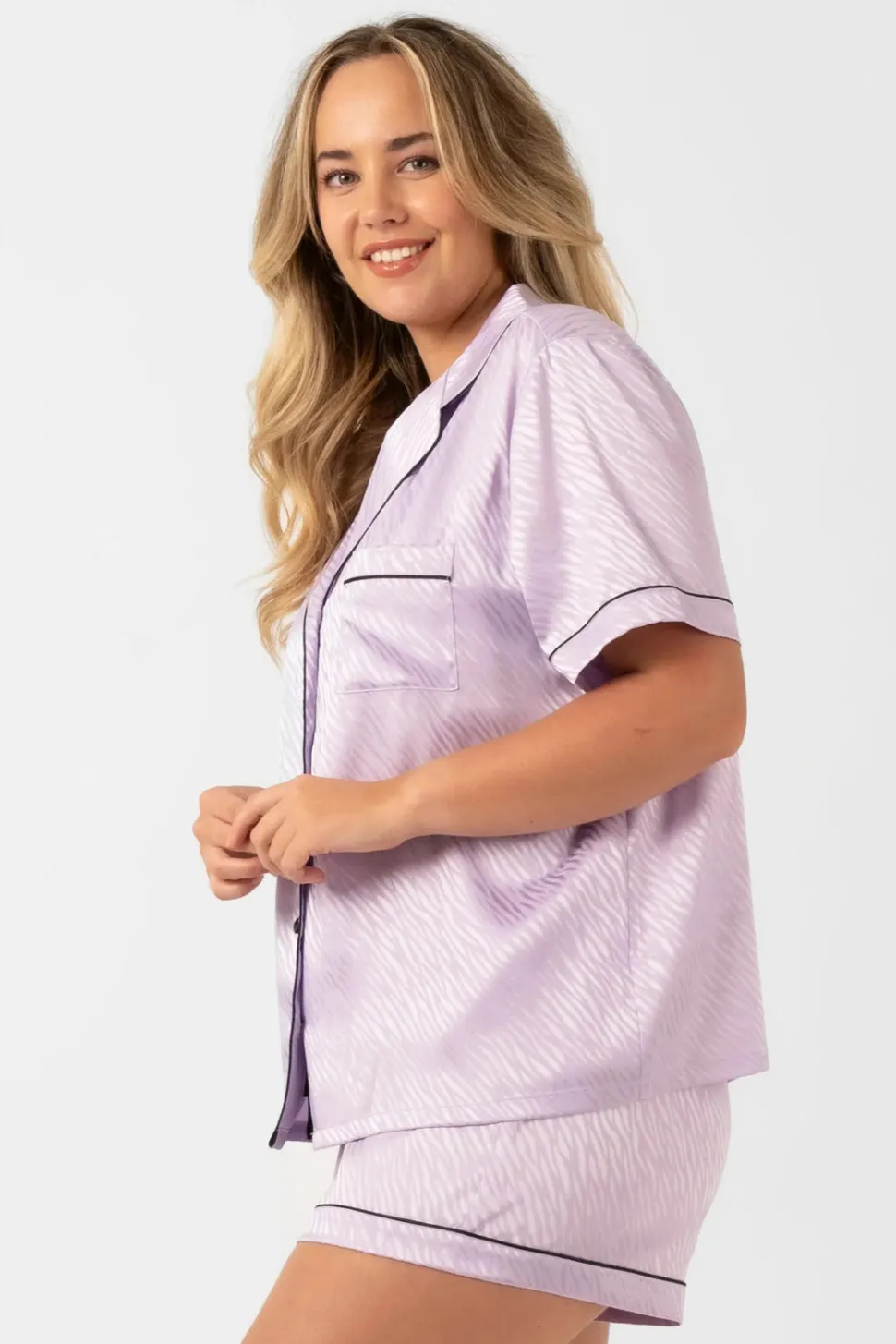Lilac Zebra Jaquard Satin - Short Sleeve Button Up Shirt & Shorts Pyjama Set