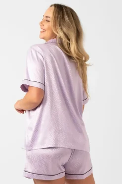 Lilac Zebra Jaquard Satin - Short Sleeve Button Up Shirt & Shorts Pyjama Set