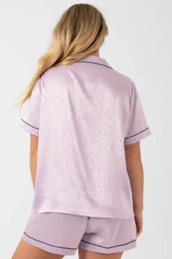 Lilac Zebra Jaquard Satin - Short Sleeve Button Up Shirt & Shorts Pyjama Set
