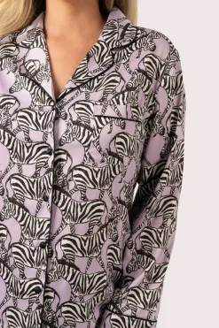 Lilac Zebra Zen Satin - Long Sleeve Button Up Shirt & Pants Pyjama Set