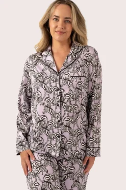 Lilac Zebra Zen Satin - Long Sleeve Button Up Shirt & Pants Pyjama Set