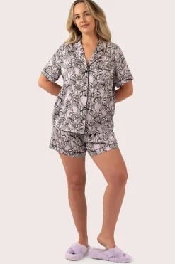 Lilac Zebra Zen Satin - Short Sleeve Button Up Shirt & Shorts Pyjama Set
