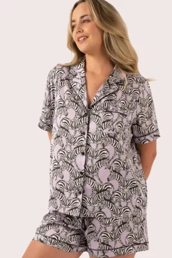 Lilac Zebra Zen Satin - Short Sleeve Button Up Shirt & Shorts Pyjama Set