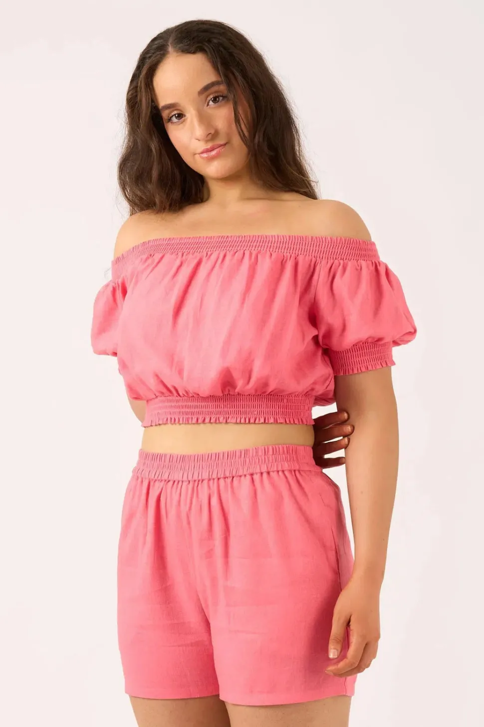 Linen Blend Pull On Short - Bubblegum Pink