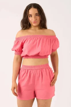 Linen Blend Pull On Short - Bubblegum Pink
